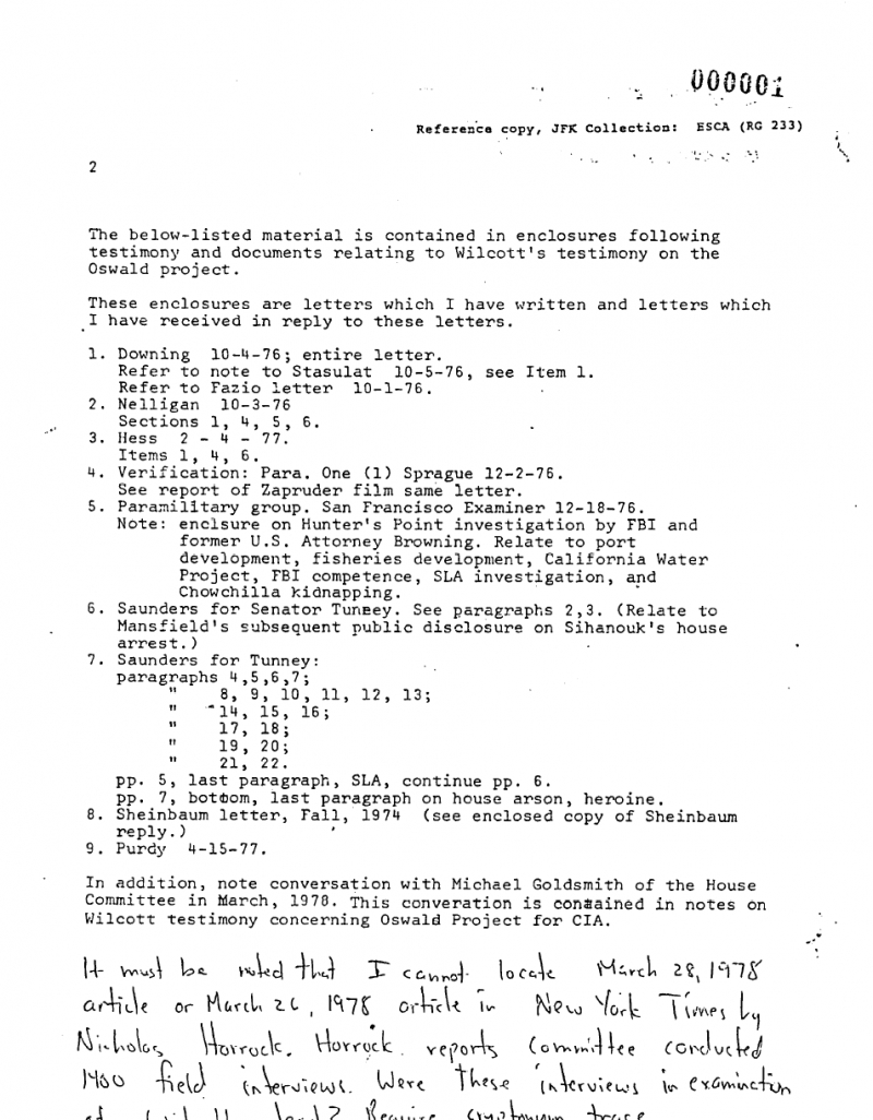 The Wilcott Affidavit and Interrogation by the HSCA